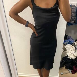 Marilyn Hatten Black Satin Midi Dress With Cowl Neck and Tie in Back Size XS